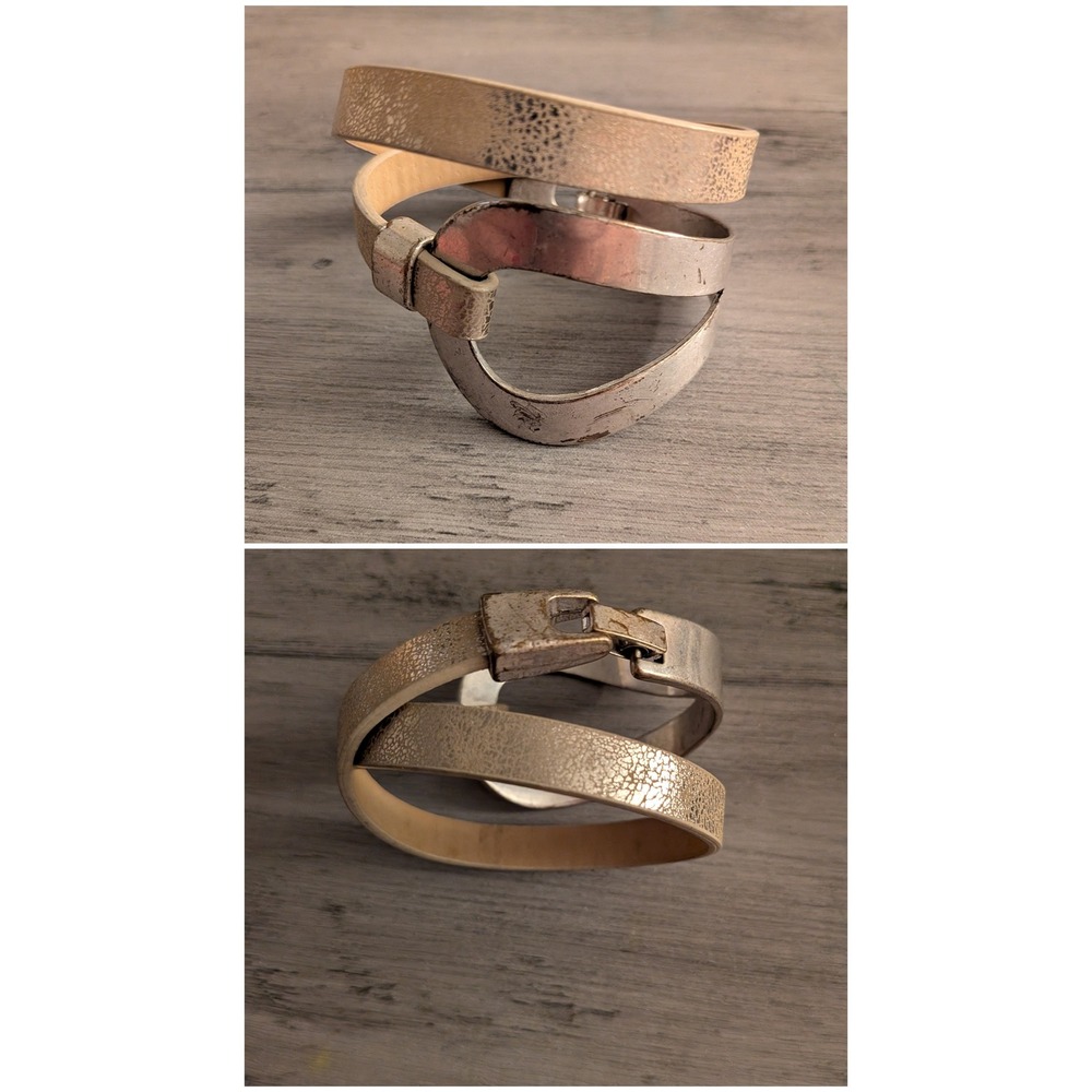 Metallic Gold Crackle Wrap Bracelet Silver Tone Buckle Mixed Metal Cuff Women
